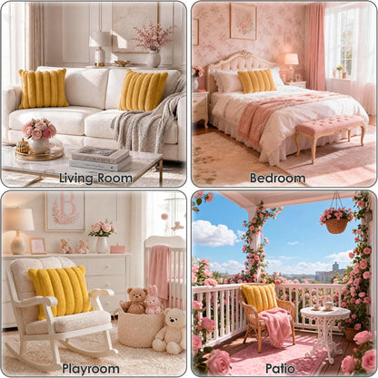 Faux Fur Throw Pillow Covers 20x20 Inch Yellow, Pack of 2 | Soft Stripe Quilted Plush Cushion Cases with Invisible Zipper for Couch Living Room Sofa Bedroom Decor & Farmhouse Aesthetic