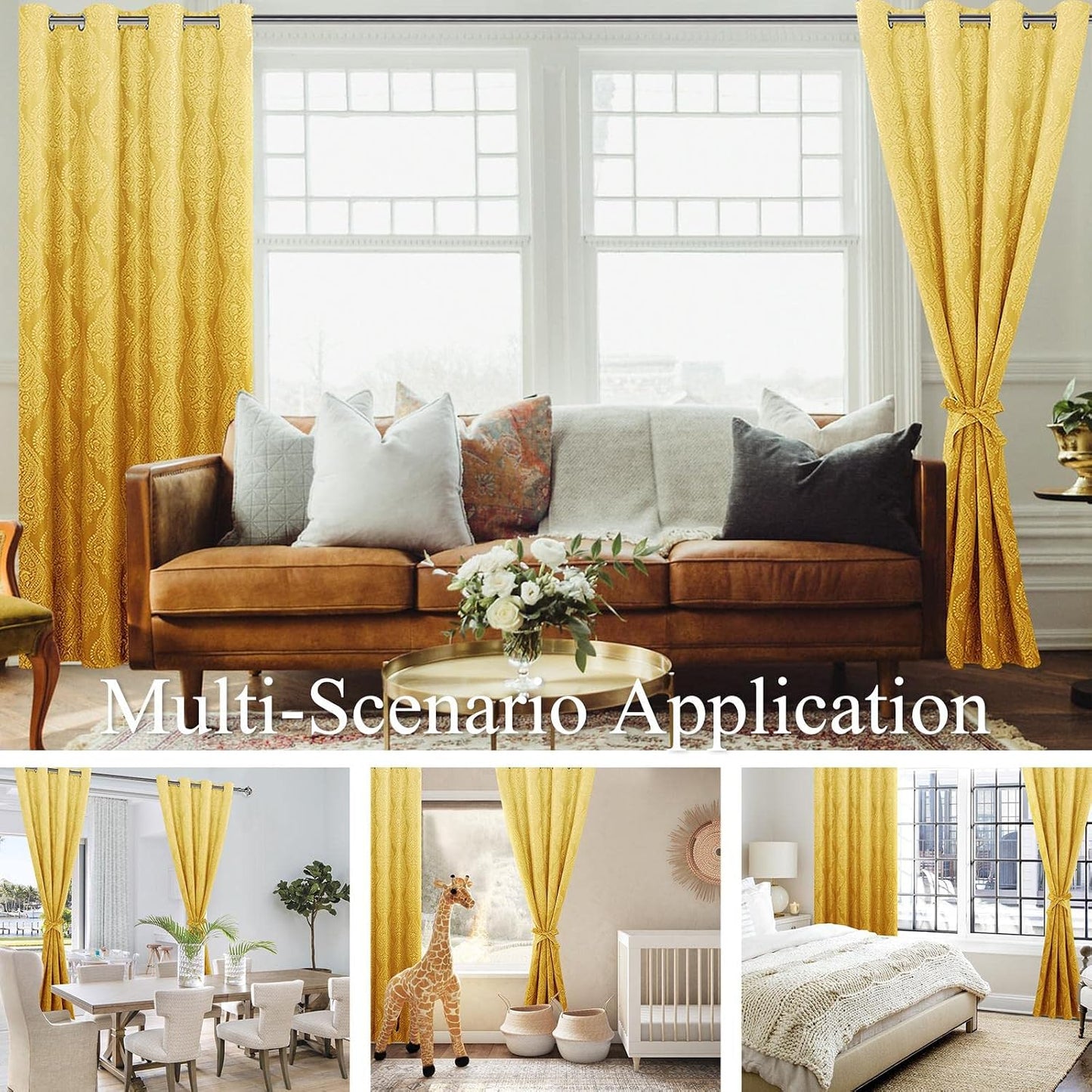 JIUZHEN Yellow Ombre Blackout Curtains for Bedroom – Damask Patterned Thermal Insulated Energy Saving Grommet Curtains with Tiebacks, 52 x 96 Inch, Set of 2 Panels