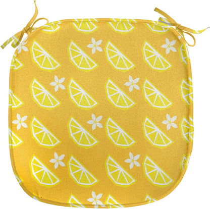 Lunarable Summer Chair Seating Cushion Set of 12, Vibrant Layout of Polygonal Sliced Lemon Flowers, Anti-Slip Seat Padding for Kitchen & Patio, 16"x16", Yellow Earth Yellow