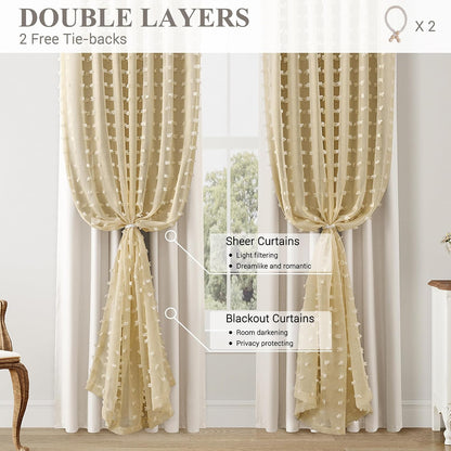 Hokibero 100% Blackout Yellow Curtains 84 Inch Long for Bedroom 2 Panels Back Tab Pocket Pom Pom Drapes Cute Farmhouse Style Room Darkening Double Layer Design Window Curtain for Living Room 52x84