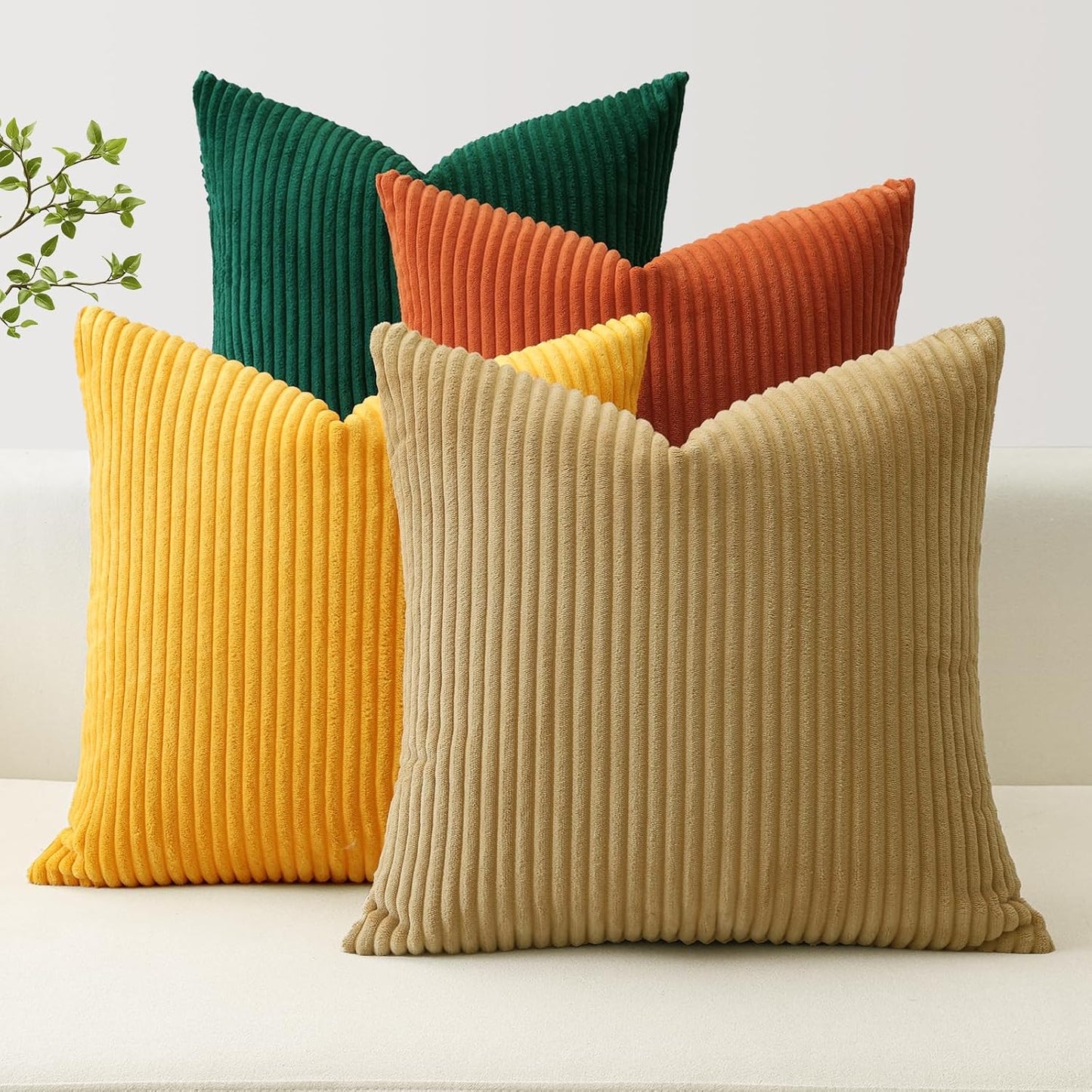 OTOSTAR Set of 4 Modern Decorative Throw Pillow Covers 18x18 Inch Soft Corduroy Boho Farmhouse Cushion Covers Mix and Match Square Pillowcase for Home Couch Bed Decor (Brown Yellow Orange Green)