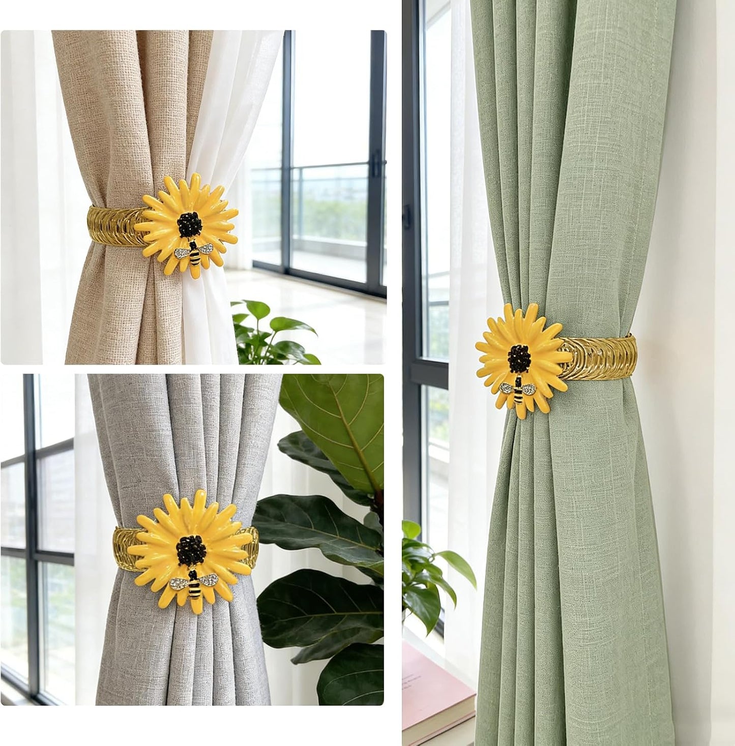 Sunflower Curtain Tiebacks 2 Pack Yellow Bee Daisy Curtain Holdbacks,No Drill Curtain Ties & Auto-Closing Spring Wire,Boho Curtain Tie Backs for Farmhouse Kitchen Living Room Bedroom Decor