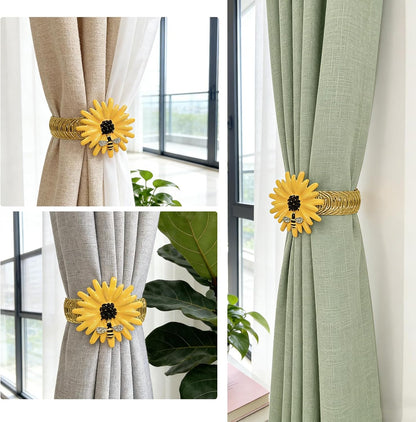 Sunflower Curtain Tiebacks 2 Pack Yellow Bee Daisy Curtain Holdbacks,No Drill Curtain Ties & Auto-Closing Spring Wire,Boho Curtain Tie Backs for Farmhouse Kitchen Living Room Bedroom Decor