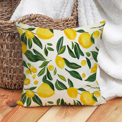 Fahrendom Lemon Throw Pillow Cover 16x16 Inch Summer Pillow Covers Yellow Fruit Green Leaf Farmhouse Cushion Case Linen Decorative Pillowcase for Couch Sofa Bed Mediterranean Kitchen Home Decor