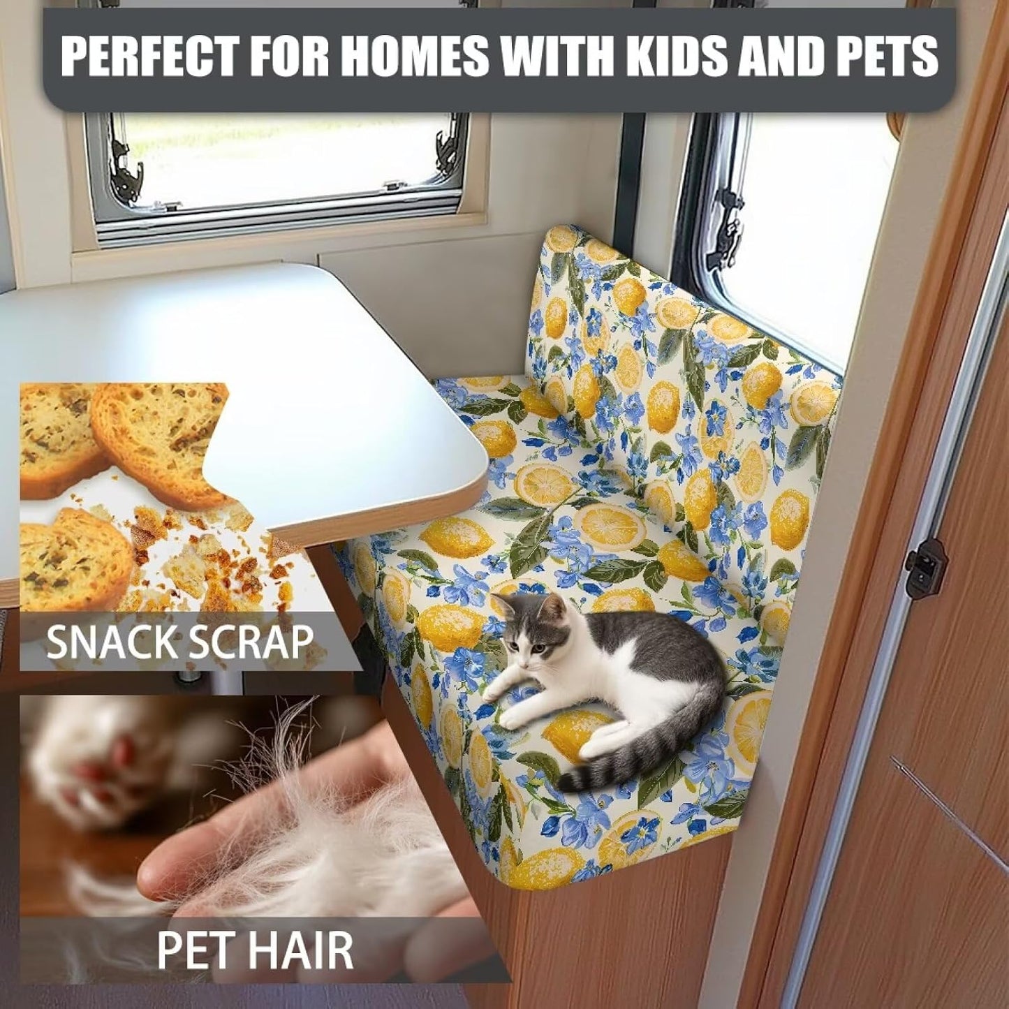 Lemon RV Dinette Cushion Covers, Replacement Camper Cushions Cover, Stretchable Fruit Print RV Dinette Seat Covers, Cushion Slipcovers Yellow