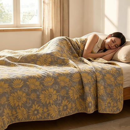 NIDITW 3 Layer Throw Blanket for Bed 100% Cotton Boho Floral Blanket 80''x90'' Summer Breathable and Lightweight Travel Muslin Blanket for Women Home Decor Yellow (Yellow Sunflower, 60"x80")