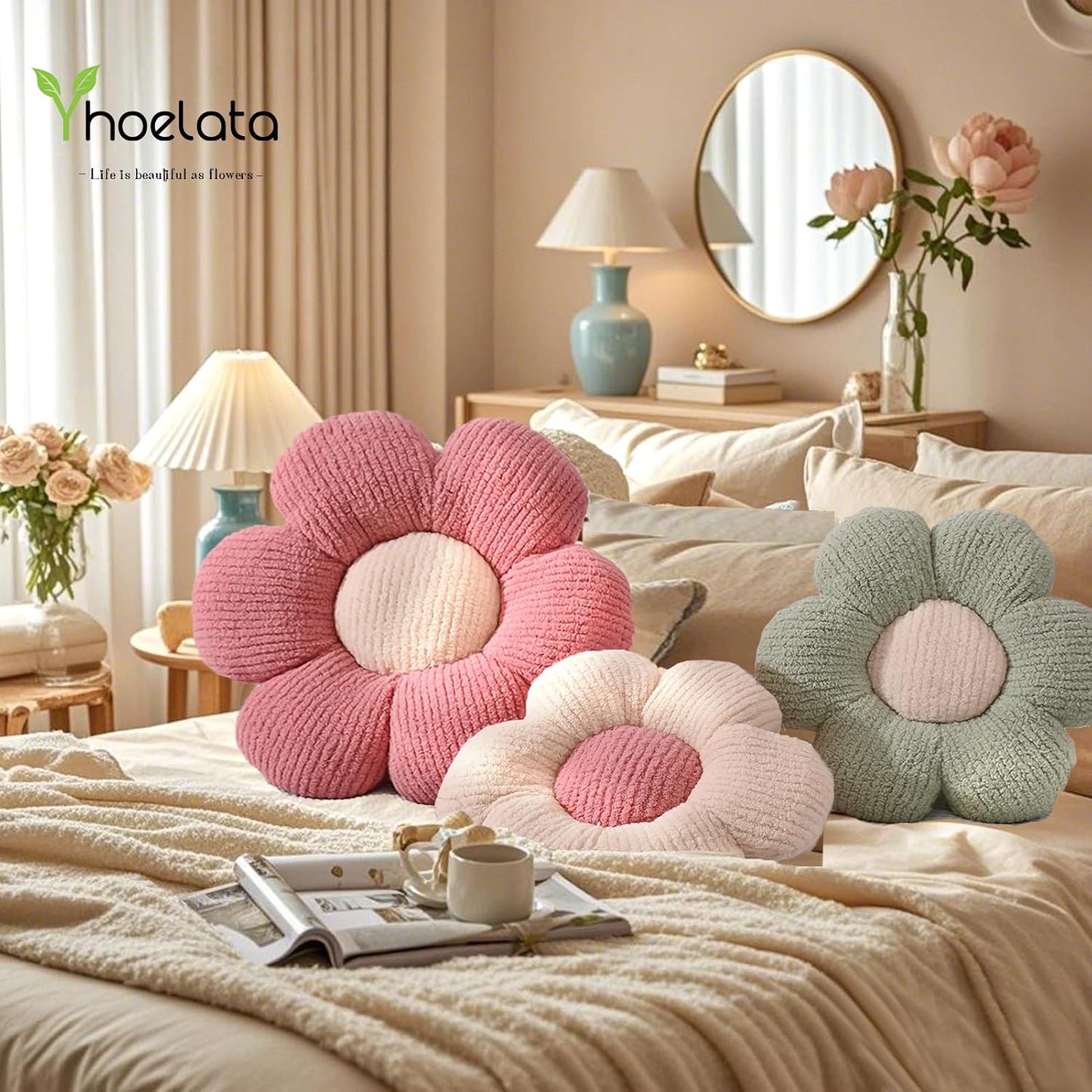 Flower Pillows, Cute Daisy Shaped Throw Pillow, Small Cream Yellow Floor Cushions for Gifts, Kids Decorative Pillows for Living Room Sofa Bedroom Bed, 15.7x15.7 Inch