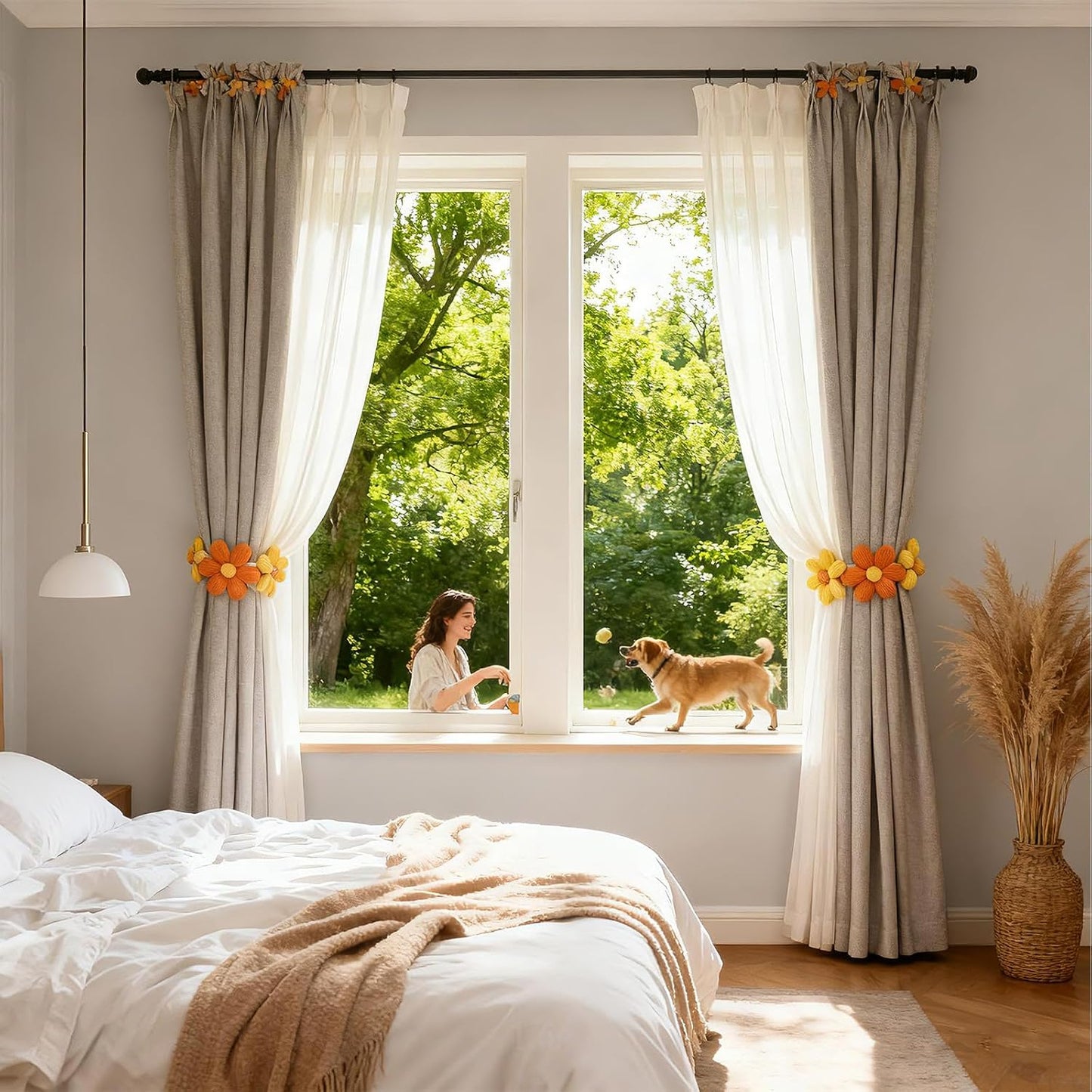 2pcs Curtain Ties Flower Curtain Buckles, Flower Curtain Tiebacks Simplicity Curtain Ties with Buttons,Decorative Curtain Tie Backs for Curtains Bedroom Window (Orange+Yellow)