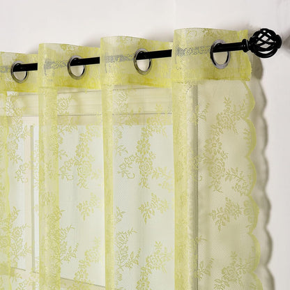 Yellow Lace Curtains for Bedroom 84 Inches Long Elegant French Rose Embroidered Sheer Curtain Panels Durable Floral Lace Fabric Grommet Window Treatment Drapes for Living Room, 55" w 2 Panels