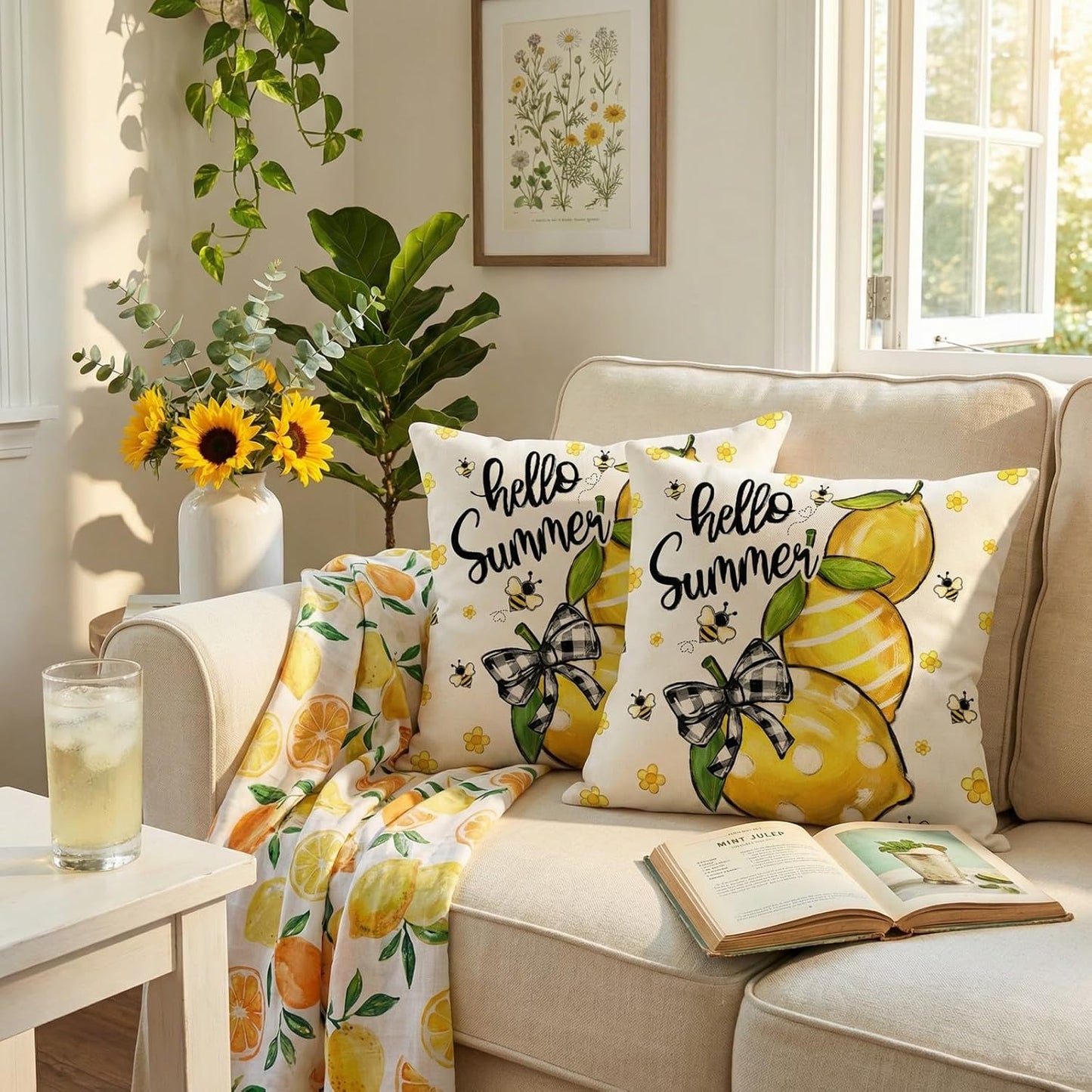 GEEORY Summer Lemon Pillow Covers Set of 2, 18x18 Inch - Hello Sunshine Bee Farmhouse Decor Spring Summer Pillow Case for Sofa and Living Room