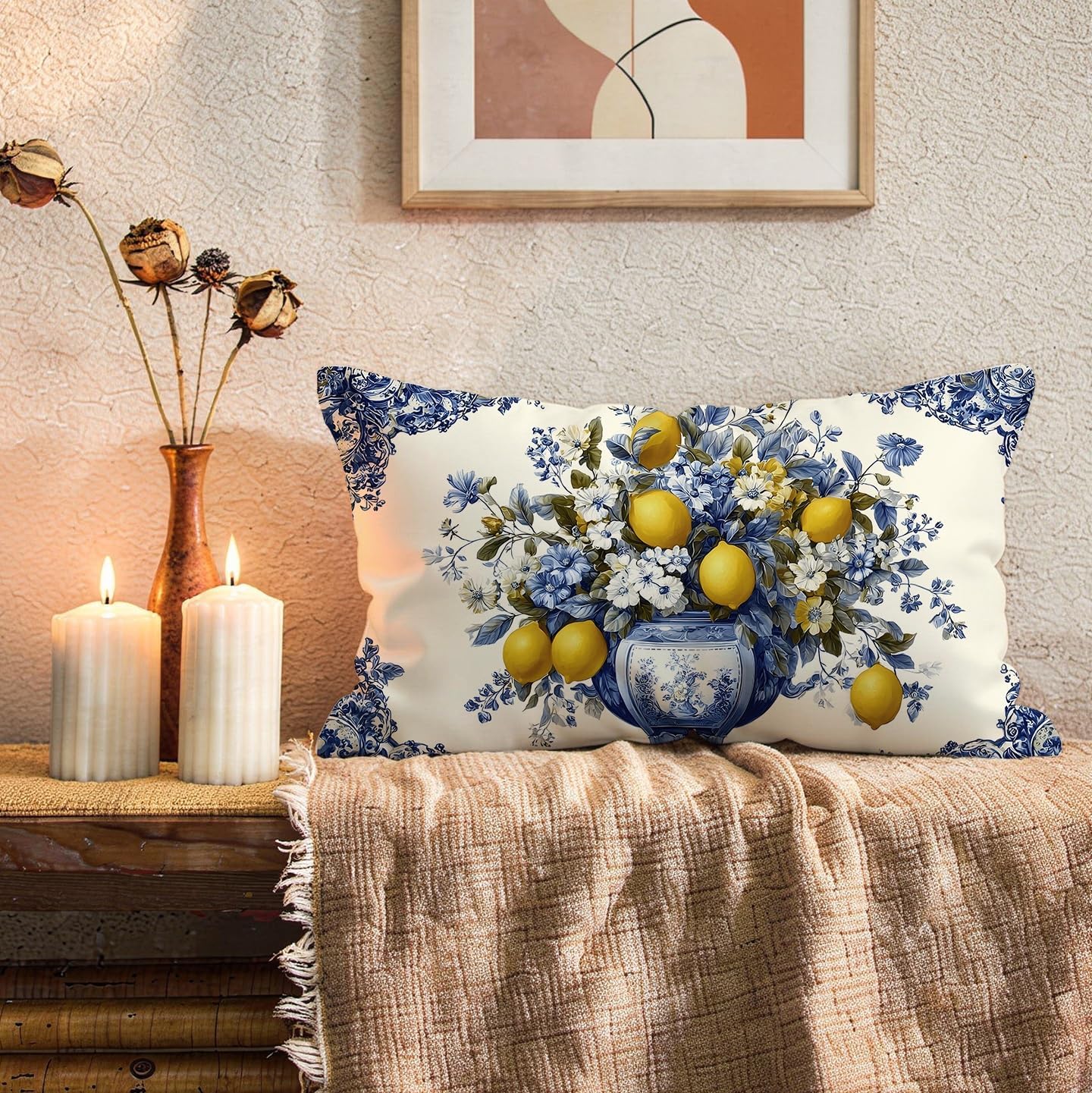 Mediterranean Lemon Lumbar Pillow Cover 12x20, Italian Home Decor, Yellow and Blue Amalfi Coast Floral Lemon Decorative Throw Pillow Cover Case for Couch Bed Home Room Bedroom
