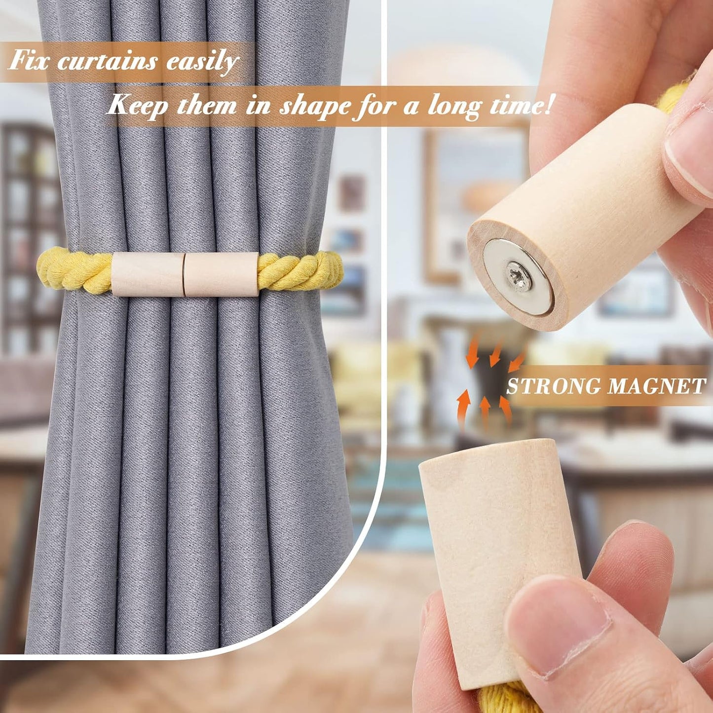 NICEEC 2 Pack Wooden Magnetic Curtain Tiebacks Boho Home Decoration Drape Tie Backs Natural Cotton Handmade Rope Curtain Holdbacks for Thin or Thick Home & Office Window Drapery (Yellow)