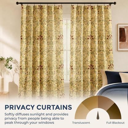 HLC.ME Florence Mustard Yellow Floral Curtains - Whimsical Hummingbird Chinoiserie Patterned Back Tab Rod Pocket Print Curtains Bedroom - Light Blocking Darkening Window Panels, Set of 2 (52 W x 84 L)
