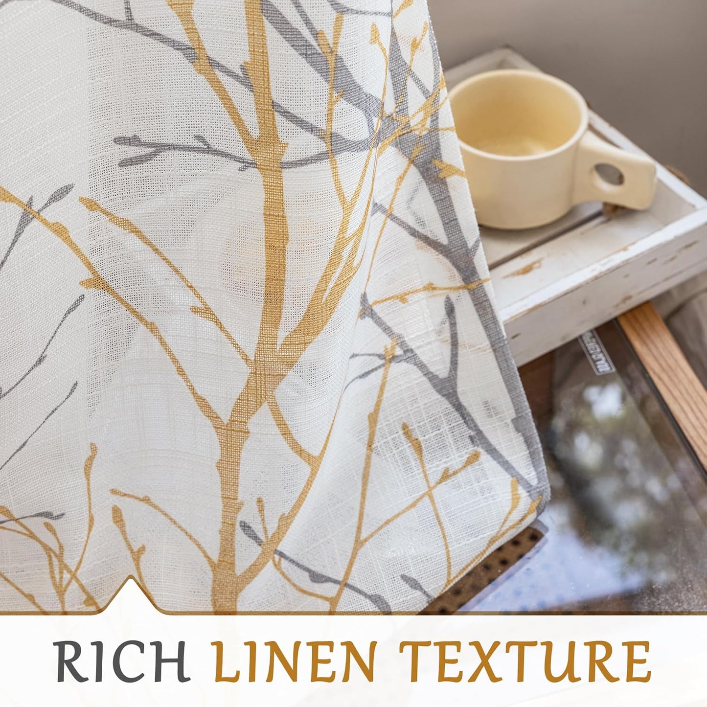 FMFUNCTEX Sheer Sidelight Front Door Curtains 40 Inches Long White Yellow Branch Tree Half Print Curtain for Patio Doors with Matching Tiebacks 24 Inches Wide 2 Panels Set