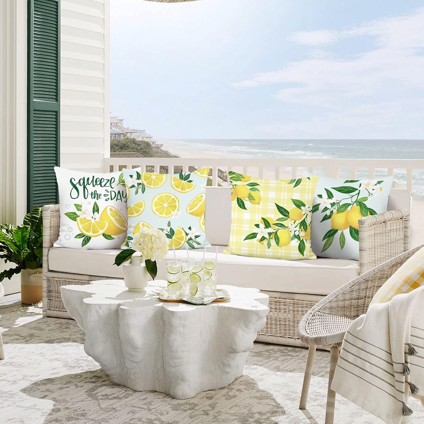 Bonhause Lemon Throw Pillow Covers 18 x 18 Inch Set of 4 Summer Fruit Farmhouse Decorative Pillows Case Soft Velvet Cushion Covers for Couch Sofa Patio Garden Home Decor