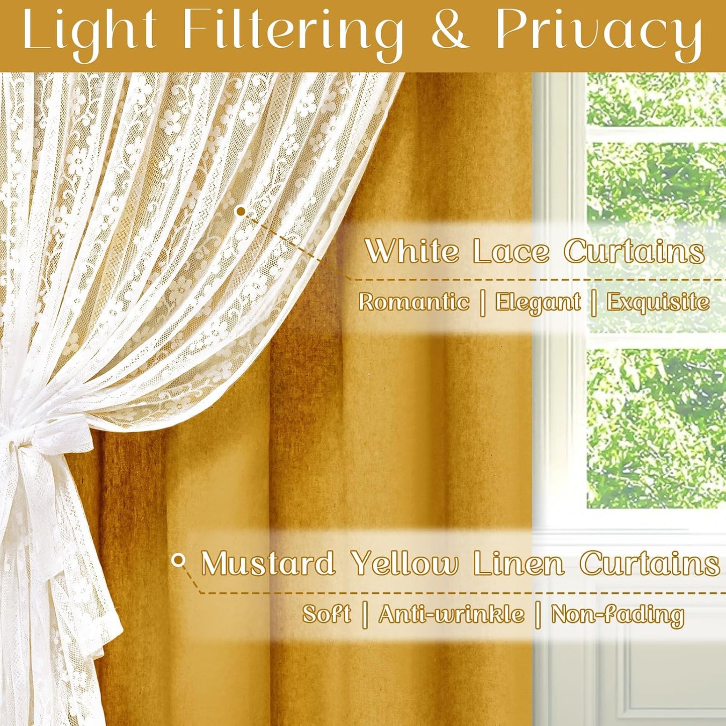 ASPMIZ Linen Curtains for Living Room Double Layer Curtains with Linen Lace, Mustard Yellow Bedroom Curtain Light Filtering, Rod Pocket Drapes 84 Inch Length 2 Panels Set with 2 Tiebacks, 52x84