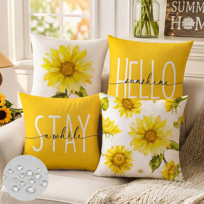 Spring Sunflower Decor Outdoor Throw Pillow Covers Waterproof 18x18 Inches Set of 4, Summer Sun Flower Decorative Pillows for Couch Porch and Patio Furniture, Mustard Yellow Floral Farmhouse Pillow
