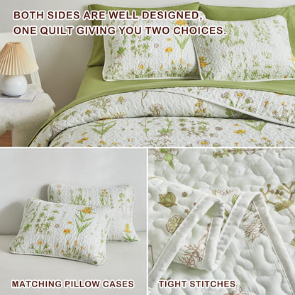 Joyreap 3 Pieces Reversible Quilt Set, Smooth Soft Microfiber Quilt, Yellow Flowers Green Leaves Botanical Design, Bedspread Bed Cover for All Season, 1 Quilt n 2 Pillow Shams (King, 102x90 inches)