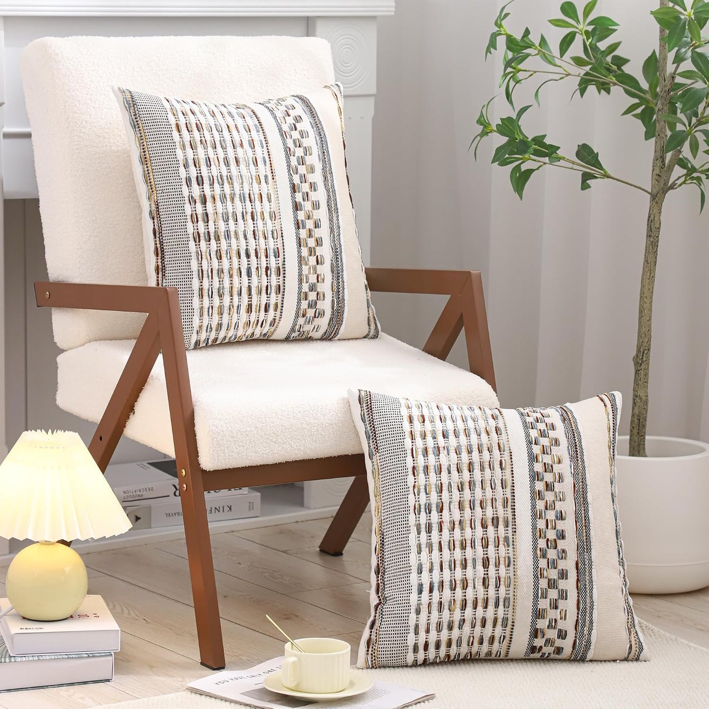 Boho Outdoor Throw Pillow Covers 18x18 Set of 2 Farmhouse Decorative Cushion Case Striped Square Pillow Cover Chenille Pattern Pillow Cases Accent Neutral Pillowcase,Rust Blue and Yellow