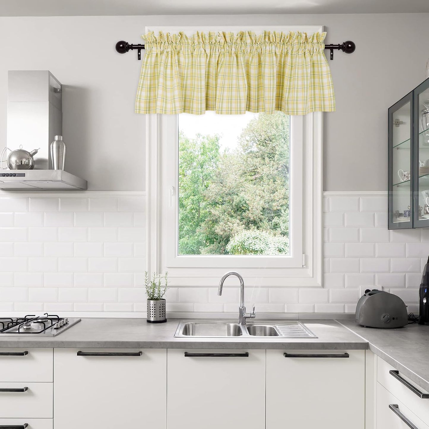 DII Window Valance Collection, 100% Cotton, Pre-Shrunk, Machine Washable, 2 Inch Curtain Rod Pocket, Single Panel, 72x14, Lemon Fresh Plaid
