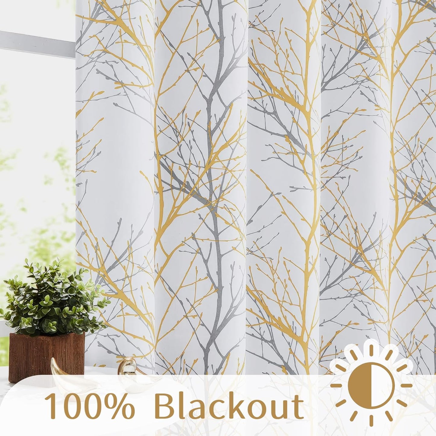 FMFUNCTEX 100% Blackout Yellow on White Tree Curtains for Bedroom, Curtains 84 Inches Long Branch Curtain Panels for Living Room, Room Darkening Thermal Insulated Window Drapes, Grommet Top 2 Panels