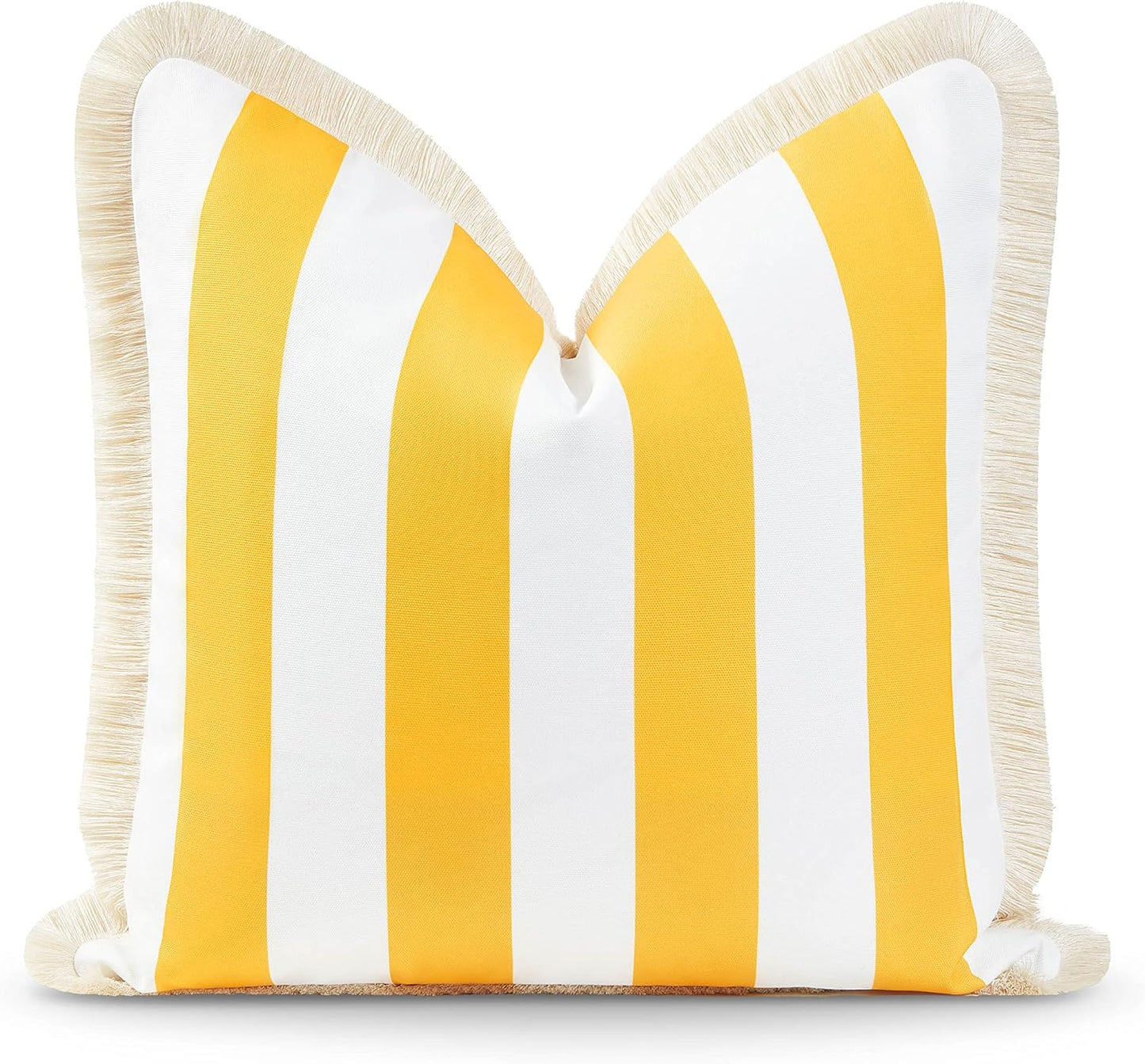 Hofdeco Premium Coastal Patio Indoor Outdoor Pillow Cover Only, 20"x20" Water Resistant for Backyard, Couch, Yellow Stripe Fringe