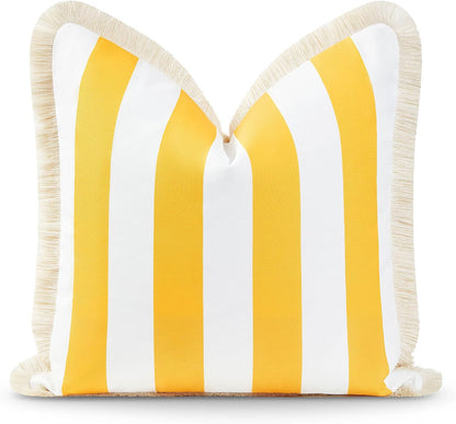 Hofdeco Premium Coastal Patio Indoor Outdoor Pillow Cover Only, 20"x20" Water Resistant for Backyard, Couch, Yellow Stripe Fringe