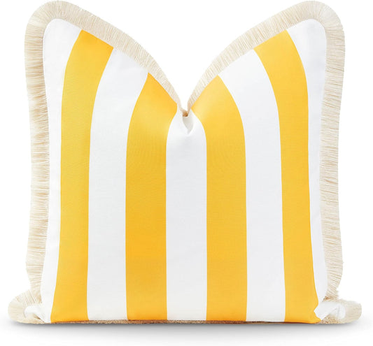 Hofdeco Premium Coastal Patio Indoor Outdoor Pillow Cover Only, 20"x20" Water Resistant for Backyard, Couch, Yellow Stripe Fringe