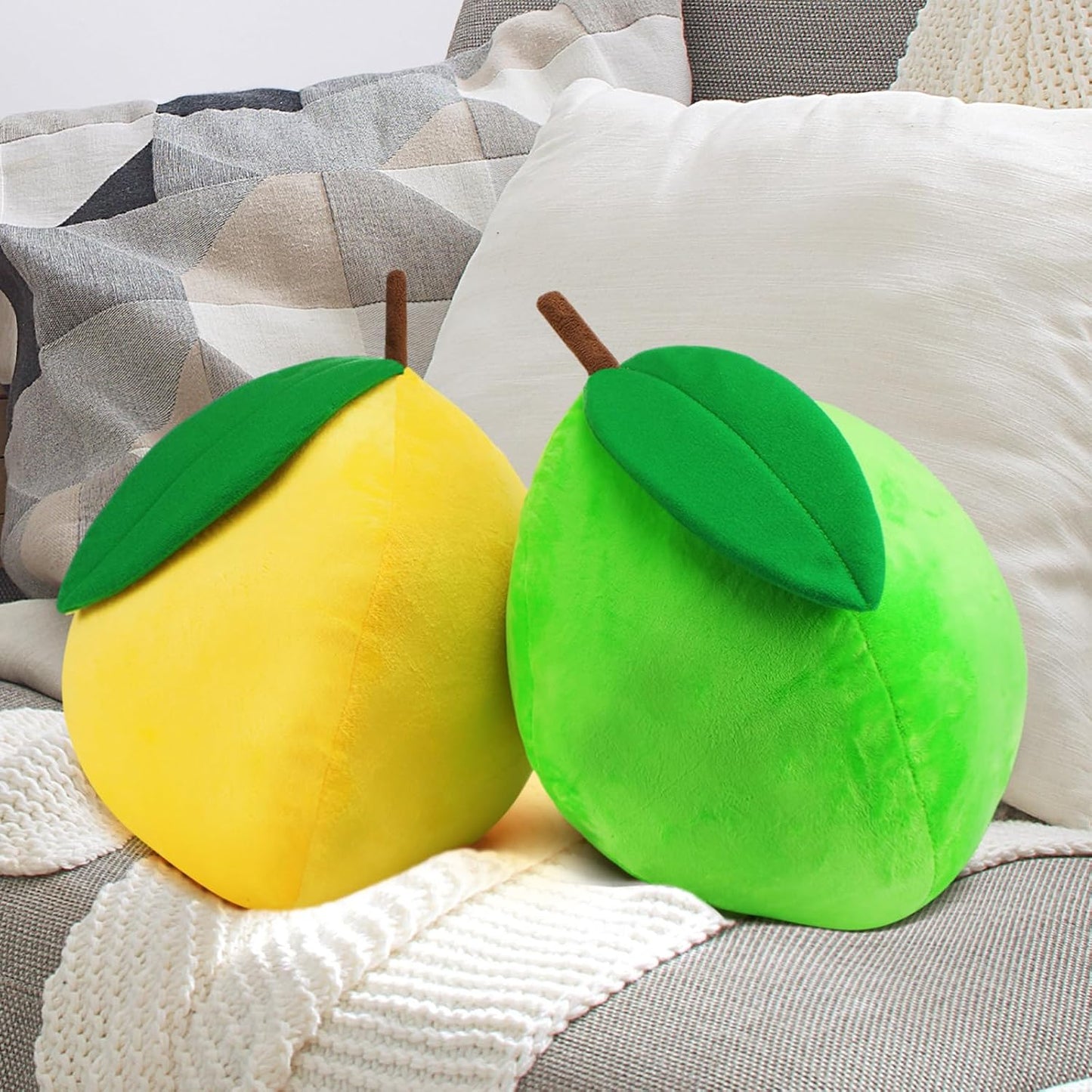 Vercraft 2 Pcs Decorative Lemon Plush Fruit Cute Throw Pillow Kawaii Yellow Hugging Plushies Gift Soft Novelty Green Plush Pillow Cushion Seat Decor for Home 13.8 Inch(Lemon)