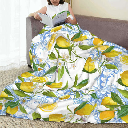 Lemon Floral Blanket Yellow Fruits Green Leaves Lemon Gifts for Women Kids Girls Home Bedroom Living Room Decor Soft Lightweight Throw Blankets 60"x50"