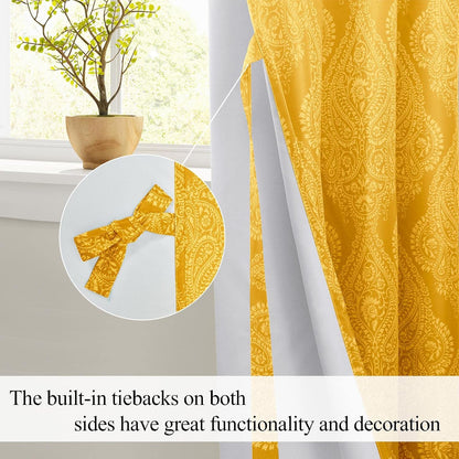 JIUZHEN Yellow Ombre Blackout Curtains for Bedroom – Damask Patterned Thermal Insulated Energy Saving Grommet Curtains with Tiebacks, 52 x 96 Inch, Set of 2 Panels