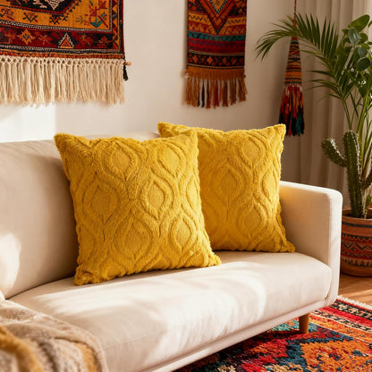 Pack of 2 Fall Decorative Throw Pillow Covers 18x18, Soft Plush Faux Fur Wool Couch Cushion Pillow Covers Cozy Boho Farmhouse Square Pillow Case for Living Room Sofa Bed Home Decor, Mustard Yellow