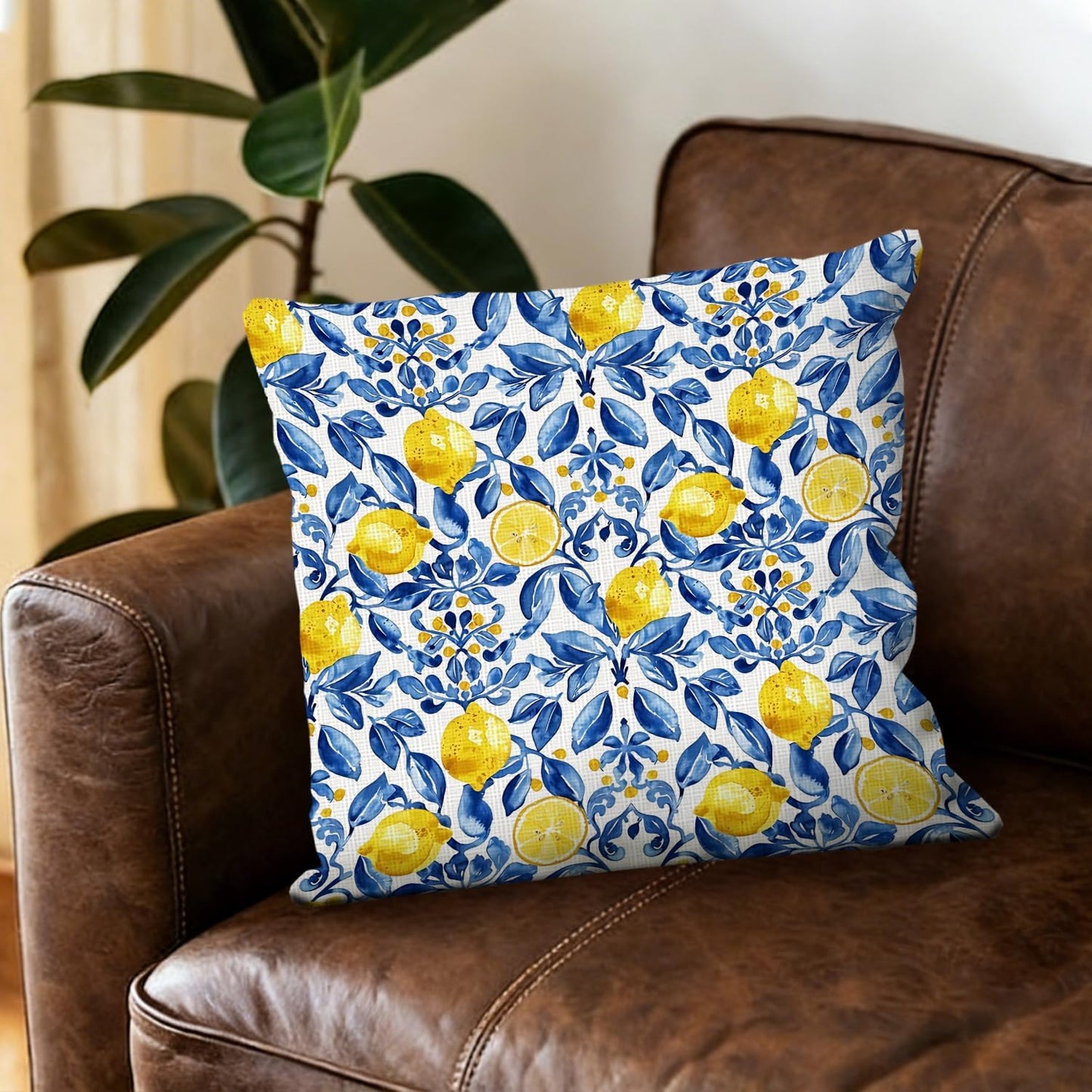 Blue Chinoiserie Lemon Pillow Cover 18x18, Lemon Gifts Decorative Pillow Cover for Couch Bed Living Room Bedroom, Rustic Italian Mediterranean Room Decor