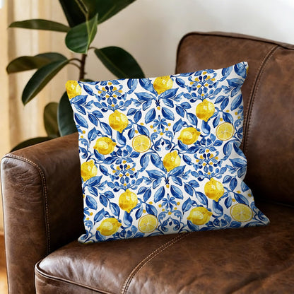 Blue Chinoiserie Lemon Pillow Cover 18x18, Lemon Gifts Decorative Pillow Cover for Couch Bed Living Room Bedroom, Rustic Italian Mediterranean Room Decor