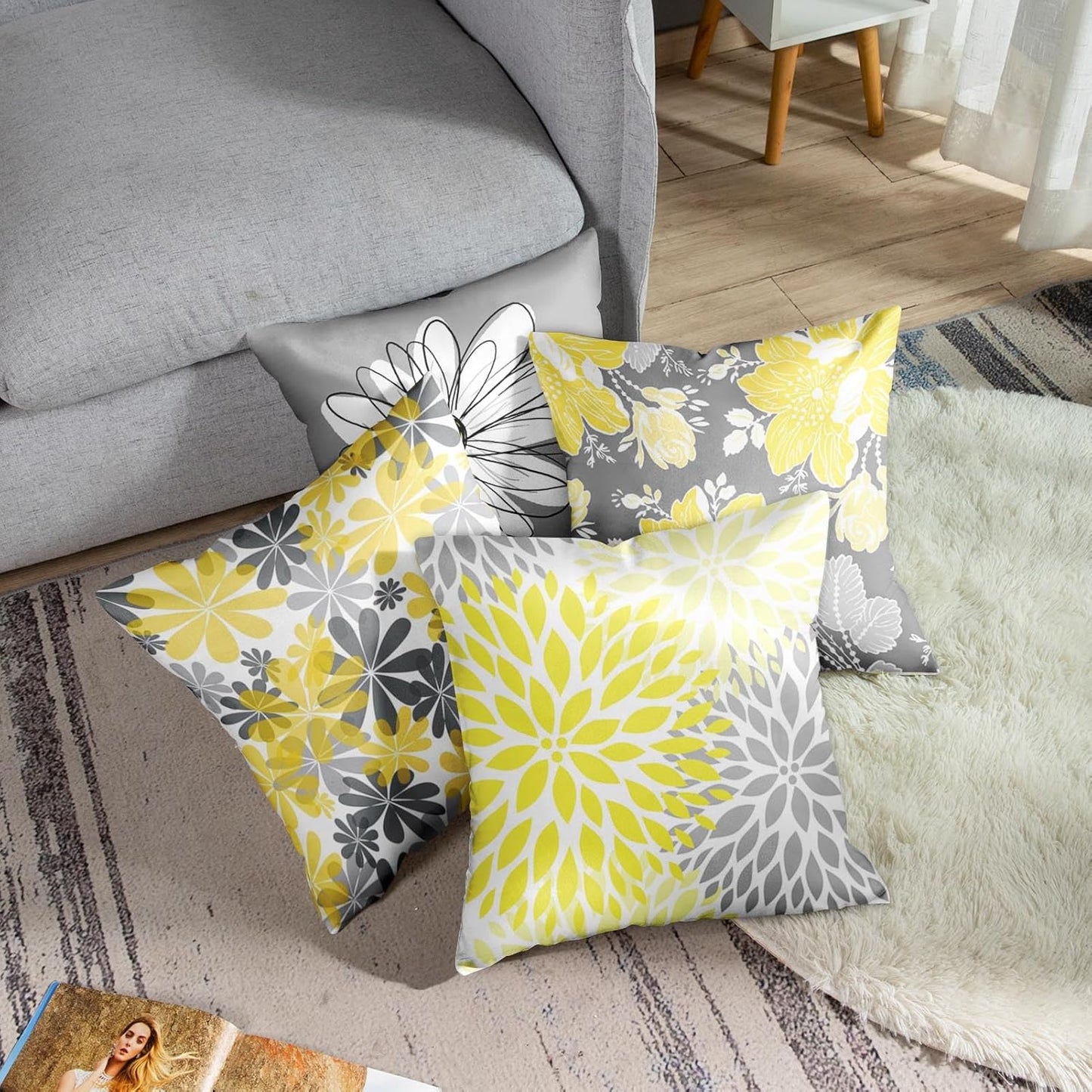 Emvency Set of 4 Throw Pillow Covers Gray and Yellow Modern Daisy with Pretty White Floral Hand Couch Sofa Decorative Pillow Cases Cushion Home Decor Square 18x18 Inches Pillowcases