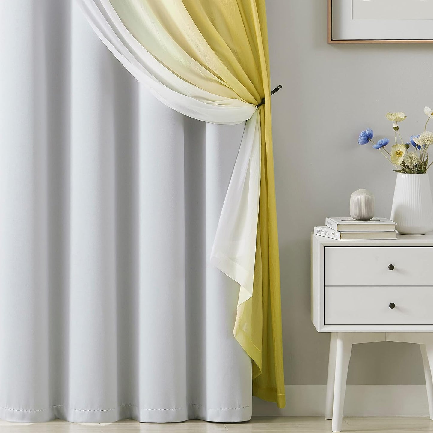 White Blackout Window Curtains for Kids Room 95 Inch Length Mix & Match Double Layers Grommet Curtain Panels Yellow Ombre Sheers Overlay 90% Room Darkening Thermal Drapes for Patio, 52" w 4 Pieces