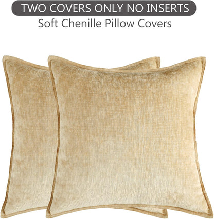 Stellhome Soft Decorative Chenille Pillow Covers 18x18 Inch Natural Yellow Boho Farmhouse Neutral Couch Throw Pillows for Bed Sofa Livingroom Pack of 2 Accent Modern Pillowcase Home Decor