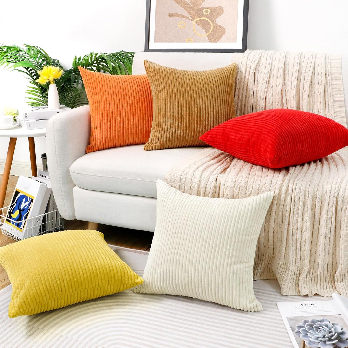 Thmyo Pack of 2 Corduroy Soft Decorative Throw Pillow Covers Striped Square Cushion Cases Pillowcases for Sofa Couch Bed Chair Home Decoration, 18x18 inch/45x45 cm, Yellow