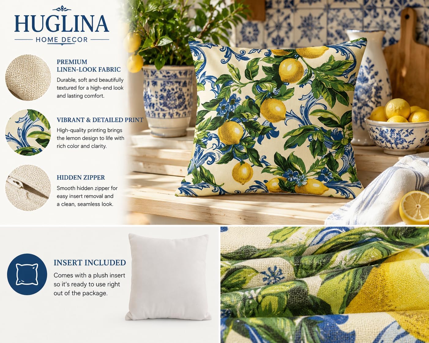 Lemon Throw Pillow, 18x18 Inch Decorative Pillow with Insert Included, Mediterranean Citrus Botanical Accent Pillow, Farmhouse Home Decor Cushion for Sofa Couch Bed (LS-008)