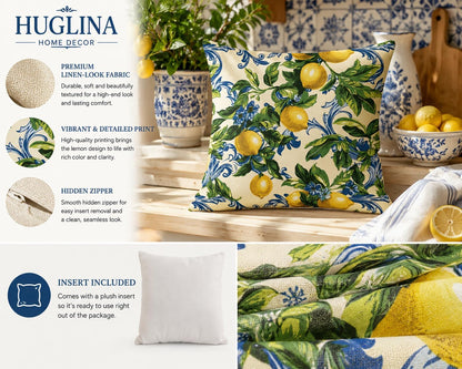 Lemon Throw Pillow, 18x18 Inch Decorative Pillow with Insert Included, Mediterranean Citrus Botanical Accent Pillow, Farmhouse Home Decor Cushion for Sofa Couch Bed (LS-008)