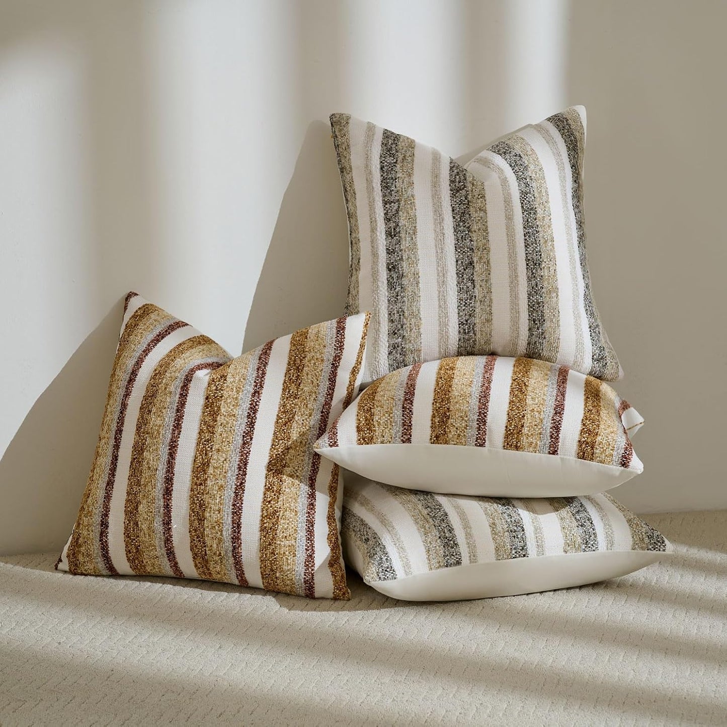 Zealax Modern Farmhouse Decorative Pillow Covers 20x20 Inch Boho Throw Pillows Soft Chenille Couch Cushion Covers, Set of 2 Velvet Striped Accent Pillows Cases for Sofa Bed Living Room, Golden Yellow