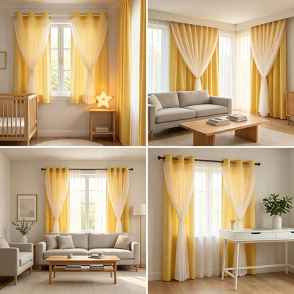 84 Inch Long Star Cut-Out Blackout Curtains Decorative Mix and Match Curtain for Kids Bedroom Thermal Insulated Sun Blocking Drape for Nursery/Living Room 42" W x 84" L Yellow 2 Panels