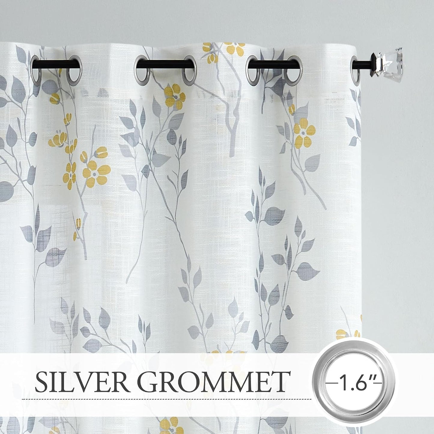 Beauoop Floral Linen Semi Sheer Curtains 84 Inches Long 2 Panels for Living Room Bedroom Yellow Grey Farmhouse Flower Patterned Light Filtering Textured Grommet Top Window Treatments Drapes, 50x84