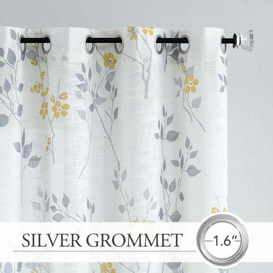Beauoop Floral Linen Semi Sheer Curtains 84 Inches Long 2 Panels for Living Room Bedroom Yellow Grey Farmhouse Flower Patterned Light Filtering Textured Grommet Top Window Treatments Drapes, 50x84