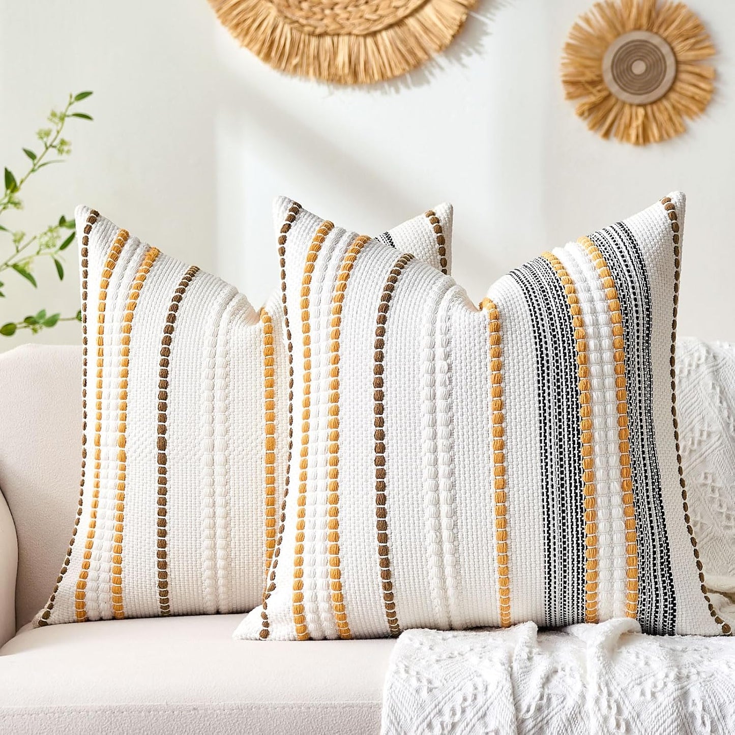 Farmhouse Throw Pillow Covers Accent Pillows Fall Pillow Covers 18x18 Boho Decorative Textured Woven Cushion Cases Set of 2 Mustard Yellow Striped Couch Covers for Couch Bed Living Room Home