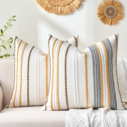 Farmhouse Throw Pillow Covers Accent Pillows Fall Pillow Covers 18x18 Boho Decorative Textured Woven Cushion Cases Set of 2 Mustard Yellow Striped Couch Covers for Couch Bed Living Room Home