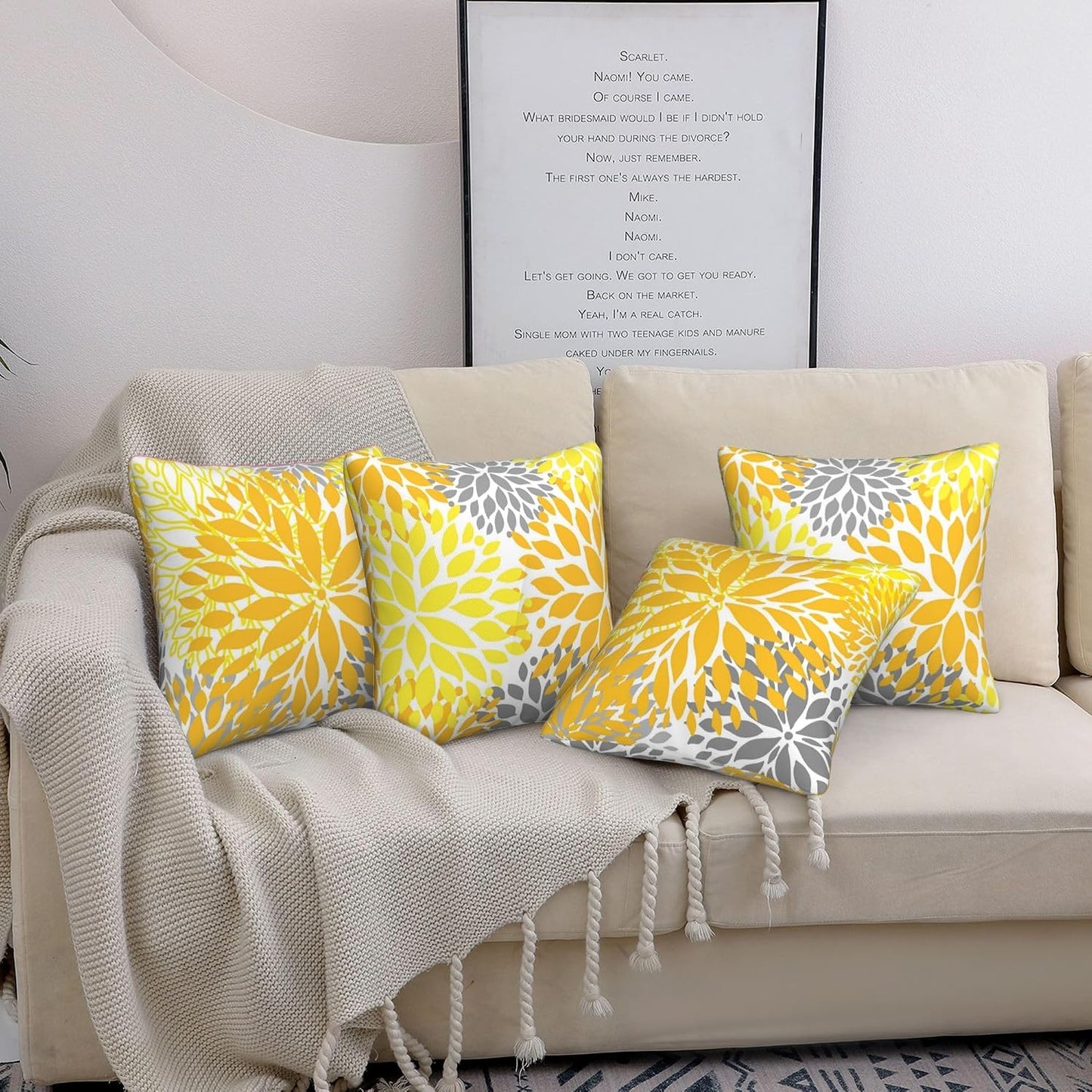 Yellow Pillow Covers 18x18 Inch Set of 4 Yellow Gray Dahlia Flower Throw Pillows Modern Geometric Floral Square Cushion Covers for Sofa Couch Bed Living Room Decorative Pillowcases
