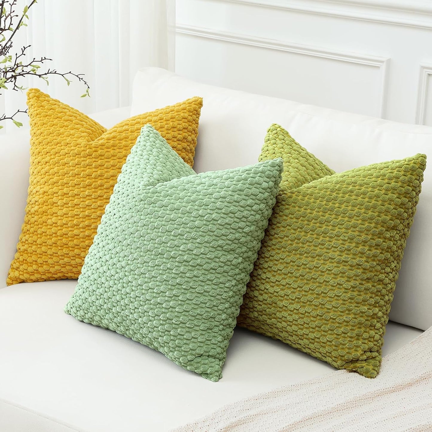 OTOSTAR Pom Poms Decorative Corduroy Throw Pillow Covers 22x22 Inch Super Soft Boho Striped Square Cushion Covers Case Geometric for Sofa Couch Bedroom Car Decor Set of 1, Yellow