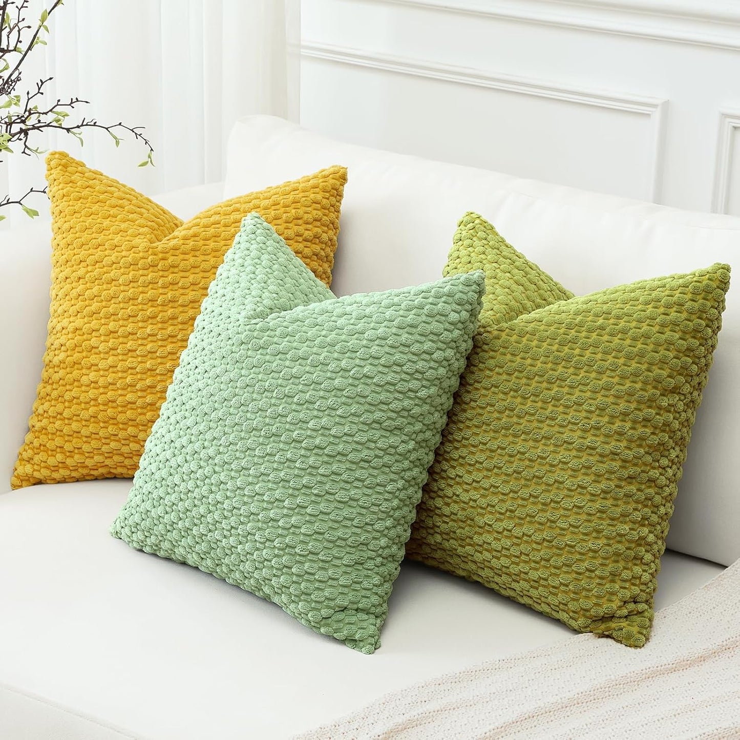 OTOSTAR Pom Poms Decorative Corduroy Throw Pillow Covers 16x16 Inch Super Soft Boho Striped Square Cushion Covers Case Geometric for Sofa Couch Bedroom Car Decor Set of 2, Yellow
