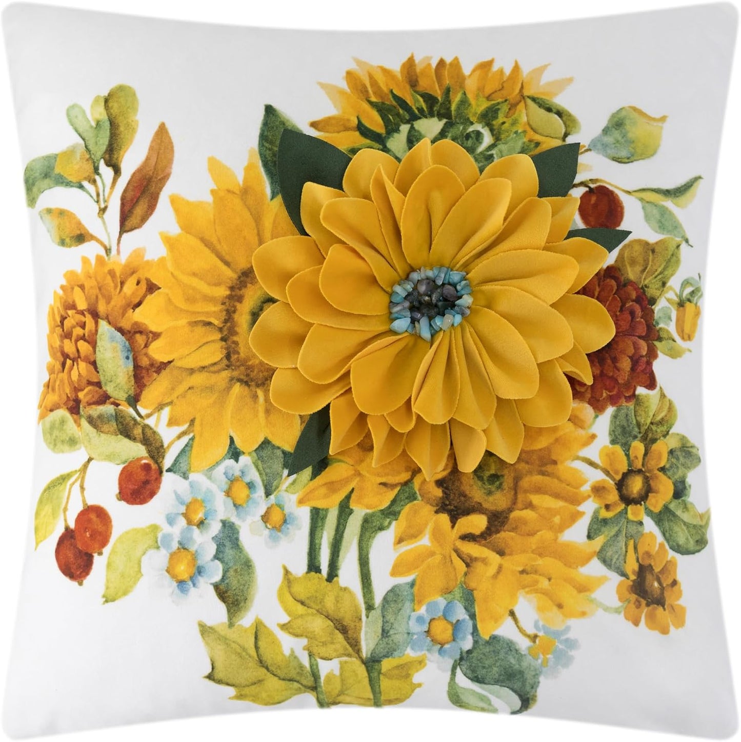 JWH 3D Sunflower Throw Pillow Cover 18x18 Inches White Yellow | Velvet, Handmade, Stereo Flower Design, Decorative Cushion Case, Bed Sofa Couch Home, Summer Pops